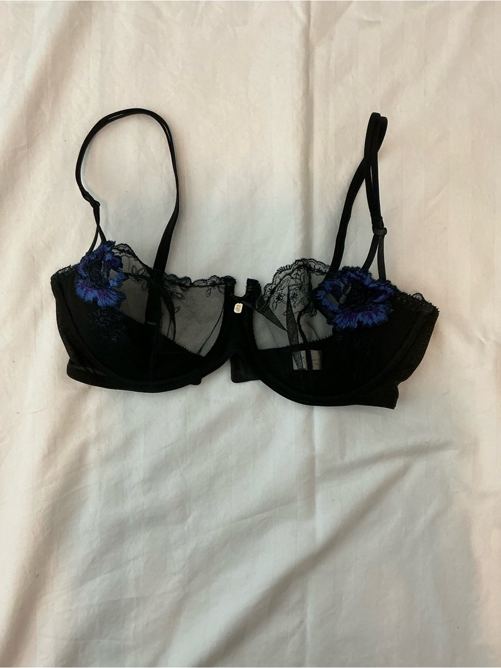 Victoria's Secret Black Sheer Underwire Bra with Blue Floral Embroidery